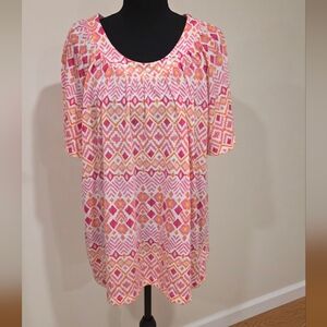 Alfred Dunner Pink and Orange Geometric Short Sleeve Top